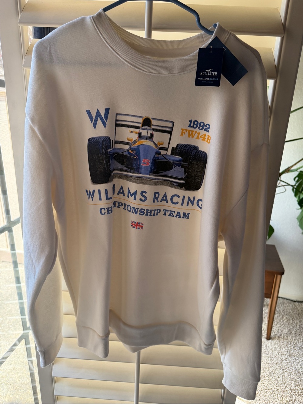 Hollister White Crewneck with Blue & Yellow Racing Car Graphic